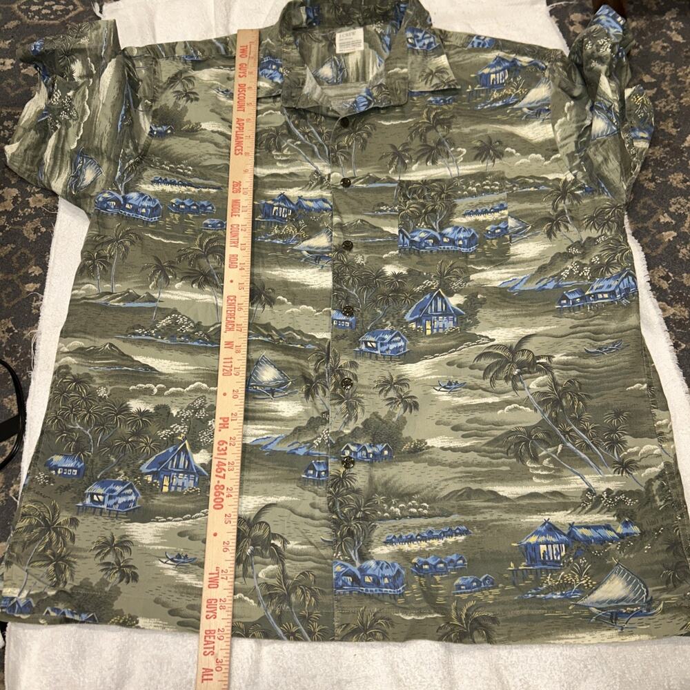 Vintage J Crew Shirt Mens Large Green Hawaiian Palm Trees Grandpa Perfect